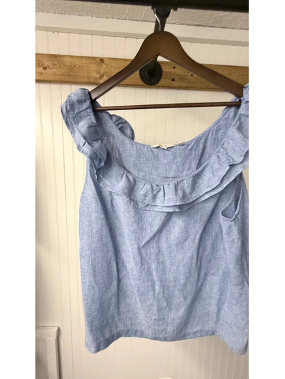 Boden Sleeveless Ruffle Linen  chambray light blue coastal boho cottage core xl